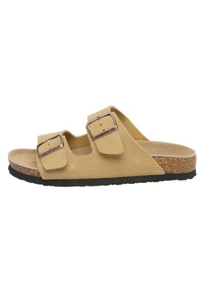Everau Australia Women's Yellow Mallard Leather Twin Buckle Sandals In Camel In Multi