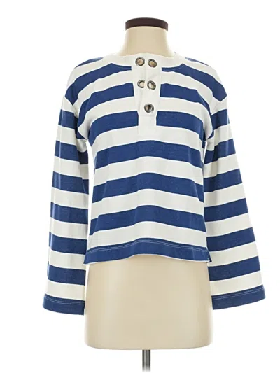 Pre-owned Evereve Long Sleeve Top Blue Stripes Pattern Boatneck Tops