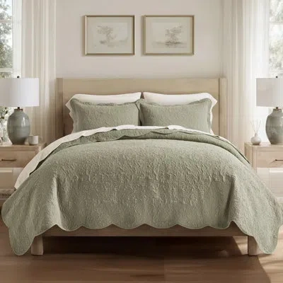 Evergrace 100% Cotton Scalloped Quilt Set | Scalloped Design, Floral Stitching, Garment Washed, 100% Cotton Sh In Green