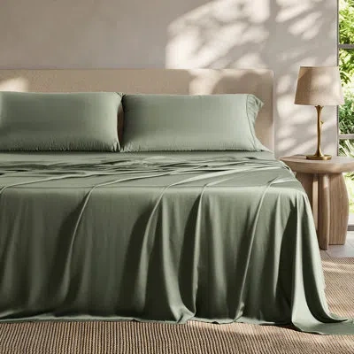 Evergrace 100% Rayon From Bamboo 400 Thread Count Sateen Cooling 4-piece Bed Sheet Set, Ultra Soft Breathable  In Green