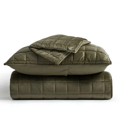 Evergrace Box Stitch Pearlvelvet Quilt Set In Moss Green