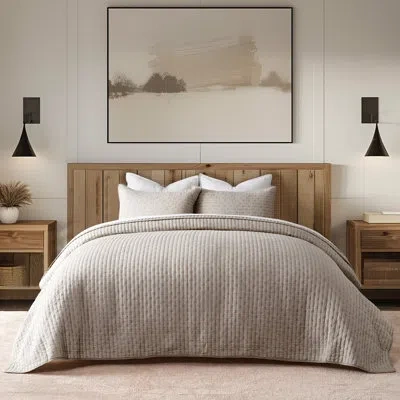 Evergrace Cross Stitch Cotton Quilt Set In Taupe