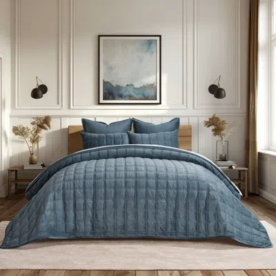 Evergrace Double Box Stitch Velvet Quilt Set In Stormy Blue
