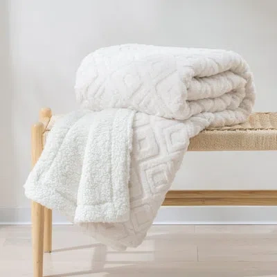 Evergrace Jacquard Boho Weighted Throw Blanket - Soft Sherpa Fleece Blanket For Couch & Bed, Diamond Pattern B In Bleach White