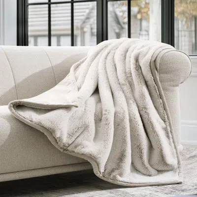 Evergrace Luxury Mink Faux Fur Throw Blanket In Tipped Champagne Ivory