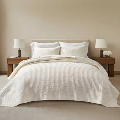 Evergrace Oversized Cotton Sateen Channel Stitch Quilt Set - 3 Pieces King/queen Bedding Comforter Set With Pi In Ivory White