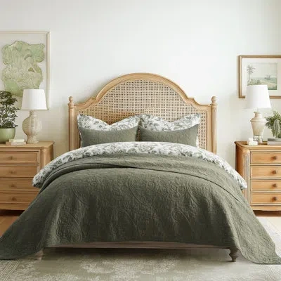 Evergrace Paisley 100% Cotton Quilt Set 3 Pieces In Olive Green