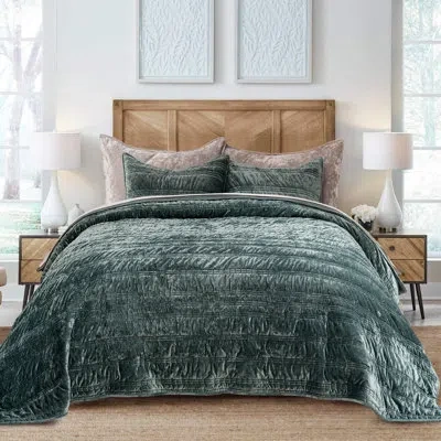 Evergrace Ruched Crushed Velvet Quilt Set In Dark Green