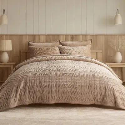 Evergrace Ruched Crystal Velvet Comforter Set - Luxury Plush Bedding With 2 Shams In Khaki Tan