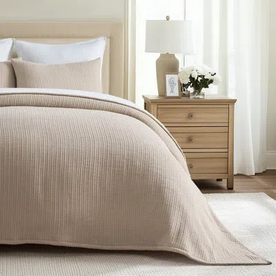 Evergrace Solid Cotton Gauze Pick-stitch Matelesse Coverlet Bedspread Set In Khaki Tan