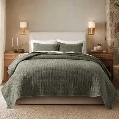 Evergrace Stonewashed 100% Natural Cotton Waffle Quilt Set In Olive Green
