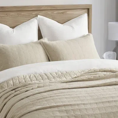 Evergrace Stonewashed Crinkle Cotton Box Stitch Quilt Set In Flax Beige