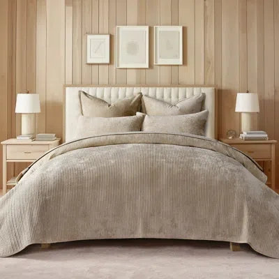 Evergrace Striped Channel Velvet Quilt Set In Urban Taupe