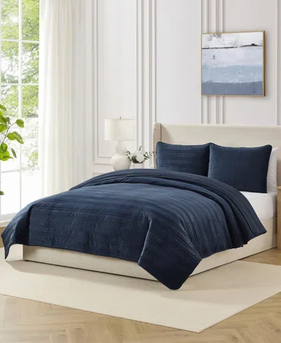 Evergreen Ivy Pinsonic Stripe Solid Mink 3-piece Quilt Set, King In Blue