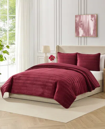 Evergreen Ivy Pinsonic Stripe Solid Mink 3-piece Quilt Set, King In Red