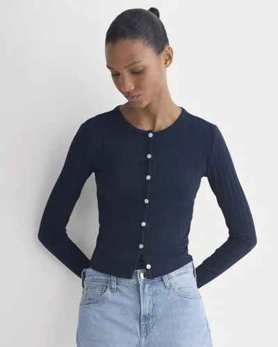 Everlane Cardigan In Pointelle In Deep Navy In Blue