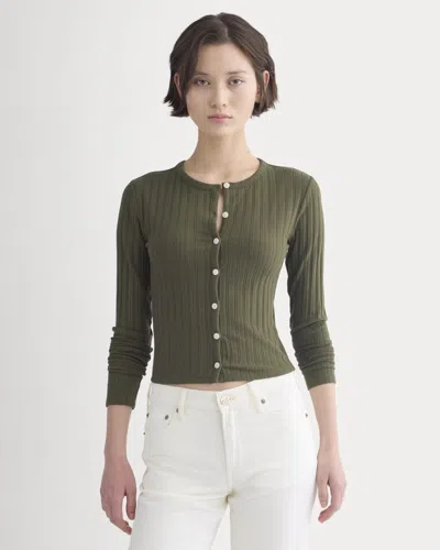 Everlane Cardigan In Pointelle In Olive Night In Green