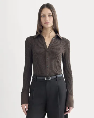 Everlane Cozy Rib Button-up Blouse In Coffee Bean In Brown