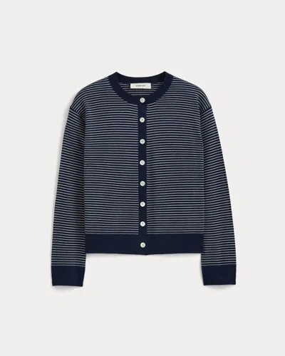 Everlane Crew Cardigan In True Navy/bone Stripe