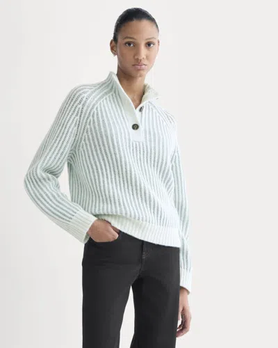 Everlane Funnel-neck Ribbed Henley Sweater In Chalk Blue/grey Mist Vertical Stripe
