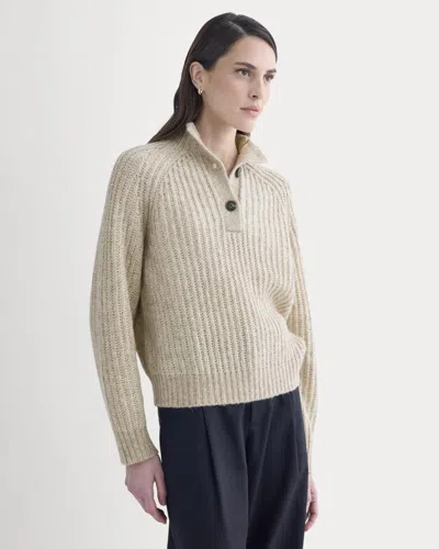 Everlane Funnel-neck Ribbed Henley Sweater In Heathered Almond/bone Vertical Stripe In Neutral