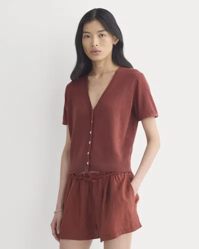 Everlane Lace Trim Cardigan In Fine Linen In Henna Red In Brown