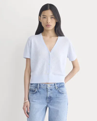 Everlane Lace Trim Cardigan In Fine Linen In Skywriting In Blue