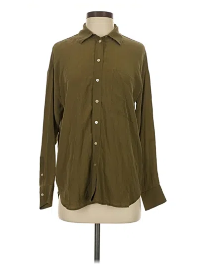 Pre-owned Everlane Long Sleeve Silk Top Green Solid Pattern Collared Neckline Tops