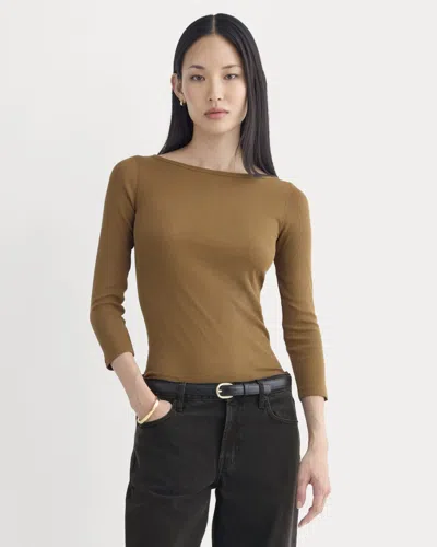 Everlane Luxe Rib 3/4 Sleeve Boatneck Tshirt In Toffee In Brown