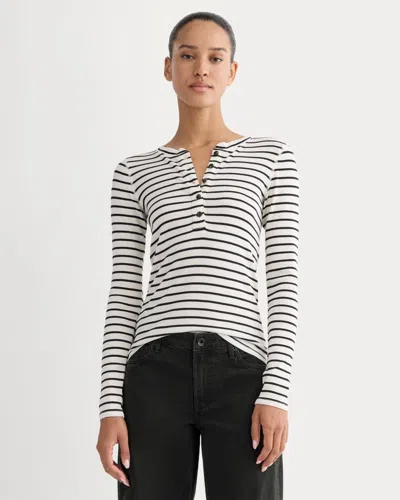 Everlane Luxe Rib Henley Sweater In Bone/black In White