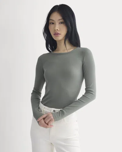Everlane Luxe Rib Long-sleeve Crew Neck Tshirt In Agave Green In Gray