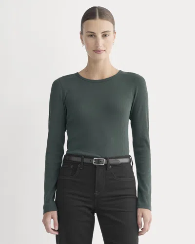 Everlane Luxe Rib Long-sleeve Crew Neck Tshirt In Heathered Dark Sea In Green