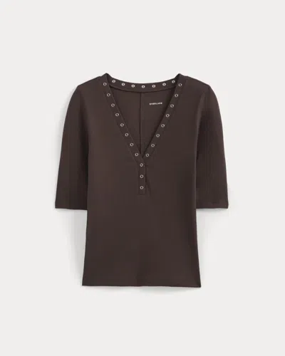 Everlane Luxe Rib V-neck Henley Top In Coffee Bean In Brown