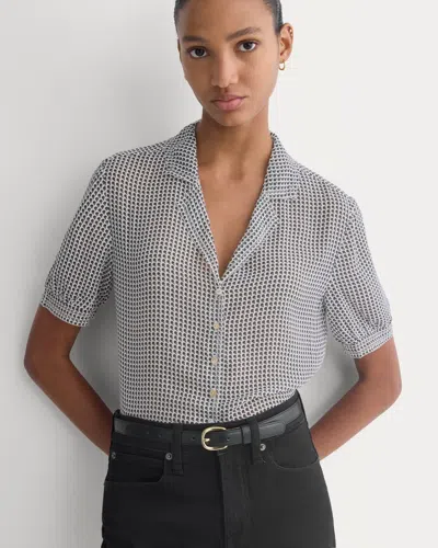 Everlane Notch Collar Shirt In Silk Georgette In Gardenia/black Micro Dot