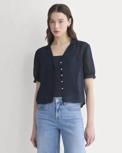 Everlane Notch Collar Shirt In Silk Georgette In Navy In Blue