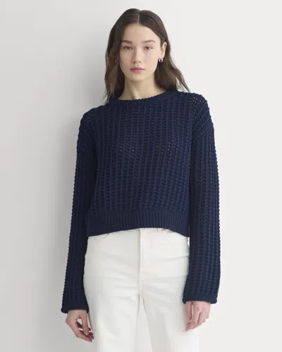 Everlane Open-knit Crew Neck Sweater In Elevated Cotton In Navy In Blue