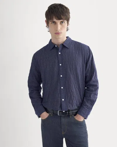 Everlane Textured Voile Button-up Shirt In Navy Plaid In Blue
