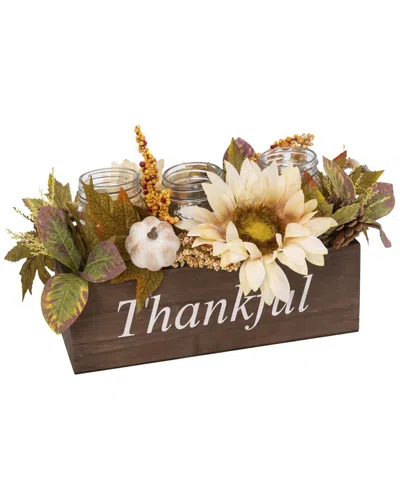 Everlasting Glow 16in Wood Fall Box Filled With Florals And 3 Candle Jars In Brown