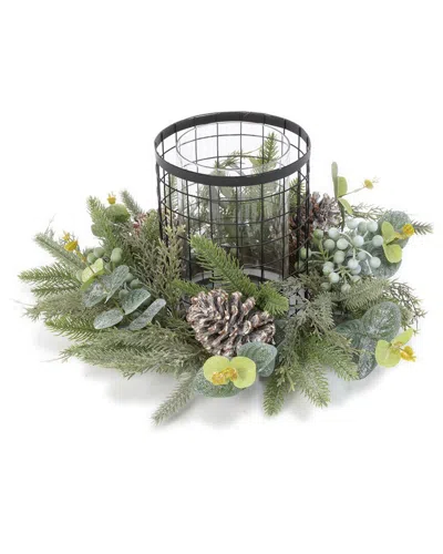 Everlasting Glow 17in Holiday Centerpiece With Metal & Glass Candle Holder In Green