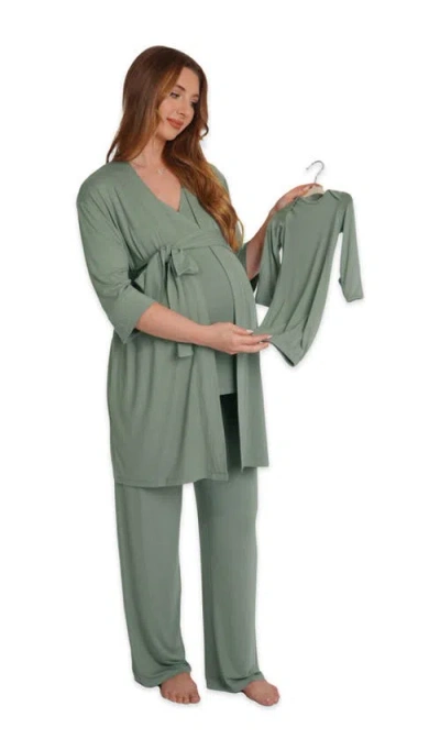 Everly Grey Analise During & After 5-piece Maternity/nursing Sleep Set For Mom & Baby In Green