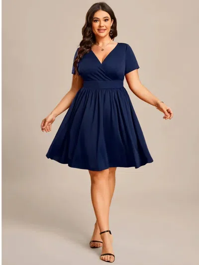 Ever-pretty Knee Length V Neck Cocktail Dress - Plus In Navy In Blue