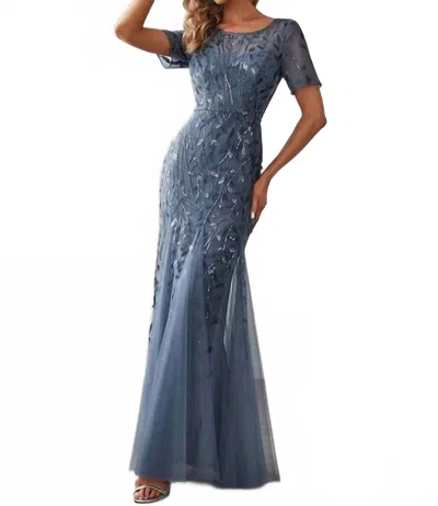Ever-pretty Long Short Sleeve Dress In Dusty Blue