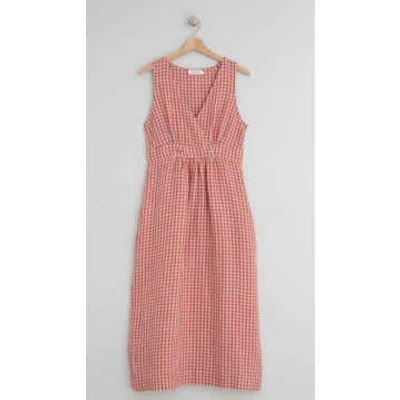 Every Thing We Wear Indi & Cold Crossover Midi Dress Gingham Red Grey Check Linen