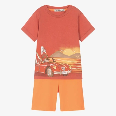 Everything Must Change Kids' Boys Orange Cotton Car Print Shorts Set