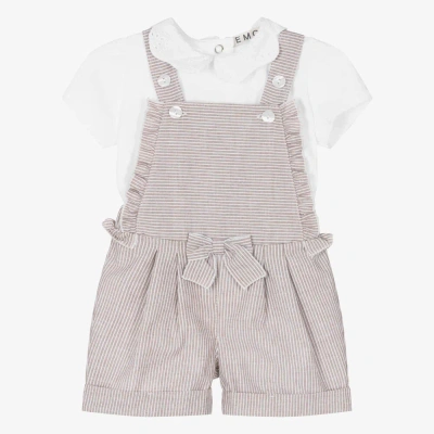 Everything Must Change Babies' Girls White & Brown Stripe Dungaree Shorts Set