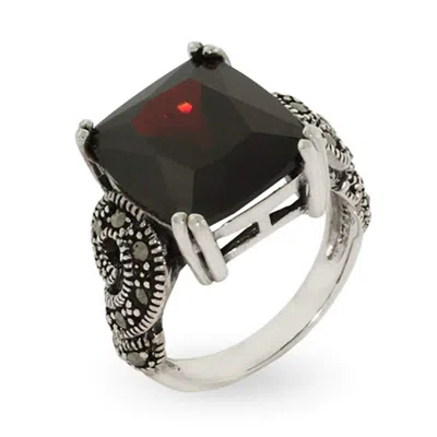 Evesaddiction Emerald Cut Garnet Cz Sterling Silver Marcasite Ring
