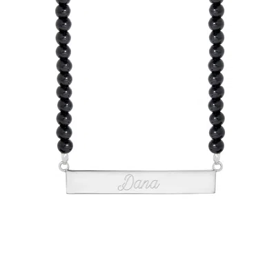 Evesaddiction Engravable Beaded Name Bar Necklace - Black Onyx / Silver In Metallic