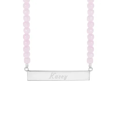 Evesaddiction Engravable Beaded Name Bar Necklace - Rose Quartz / Silver In Pink