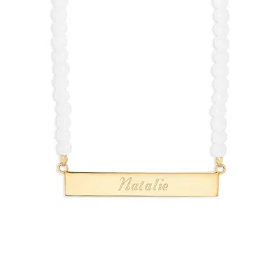Evesaddiction Engravable Beaded Name Bar Necklace - White Agate / Gold