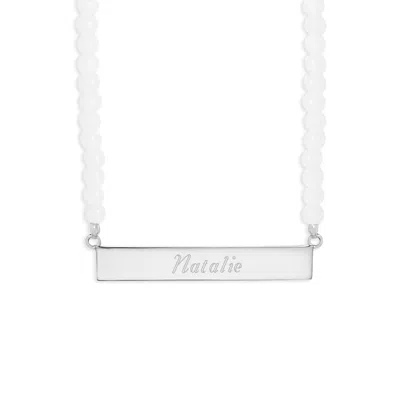 Evesaddiction Engravable Beaded Name Bar Necklace - White Agate / Silver